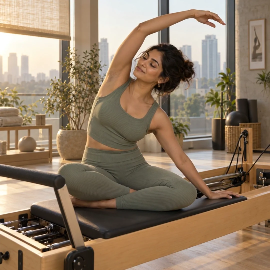 A creator enjoys a quiet Pilates stretch in a sunlit urban studio.