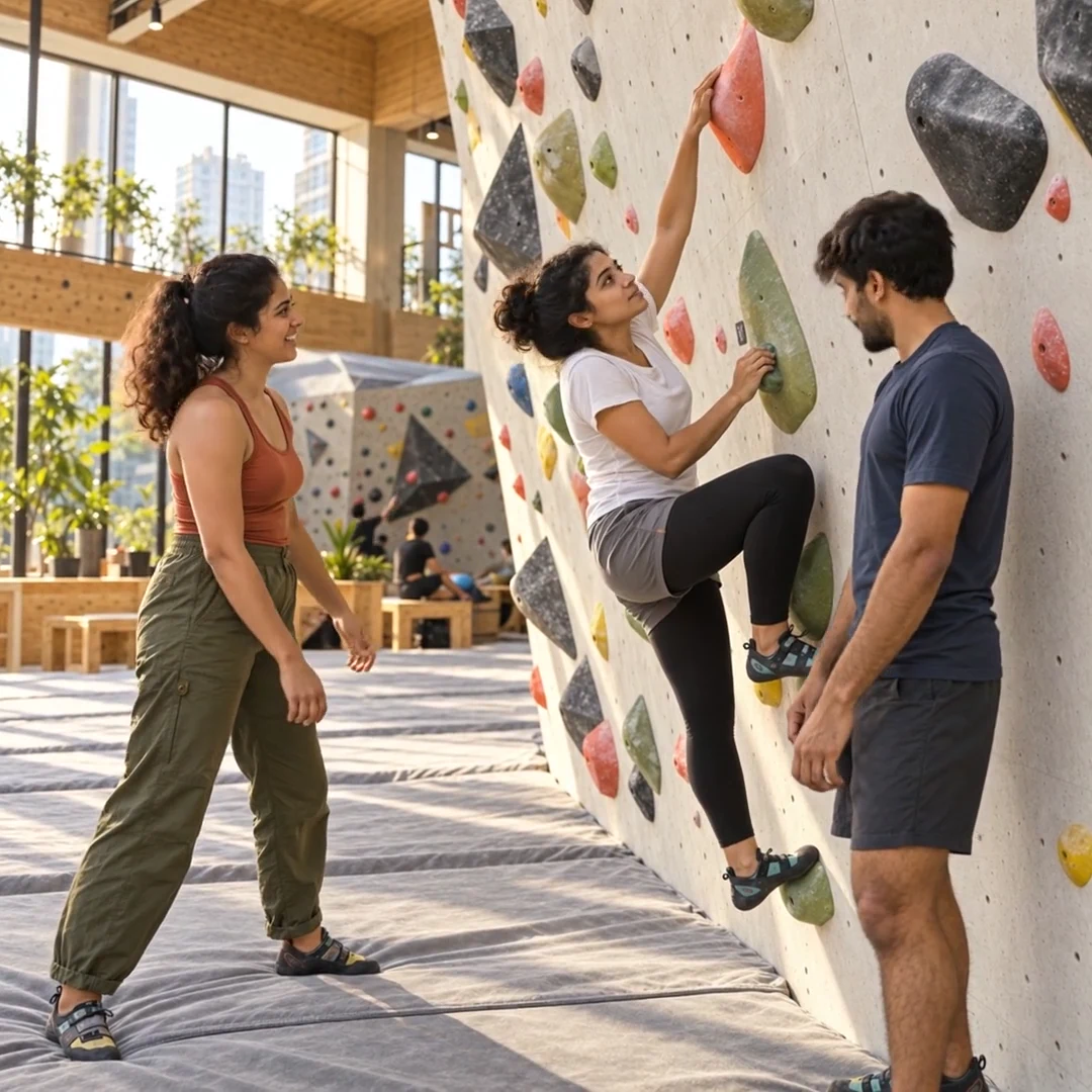 A creator encourages a friend during a bouldering experience.