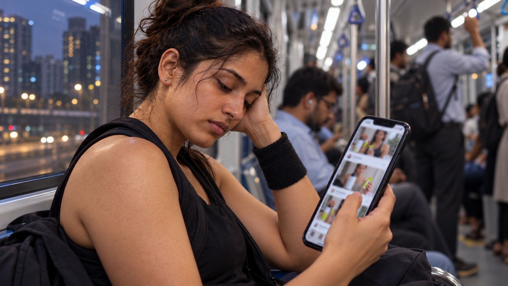 On a crowded metro, a woman scrolls quickly past product posts