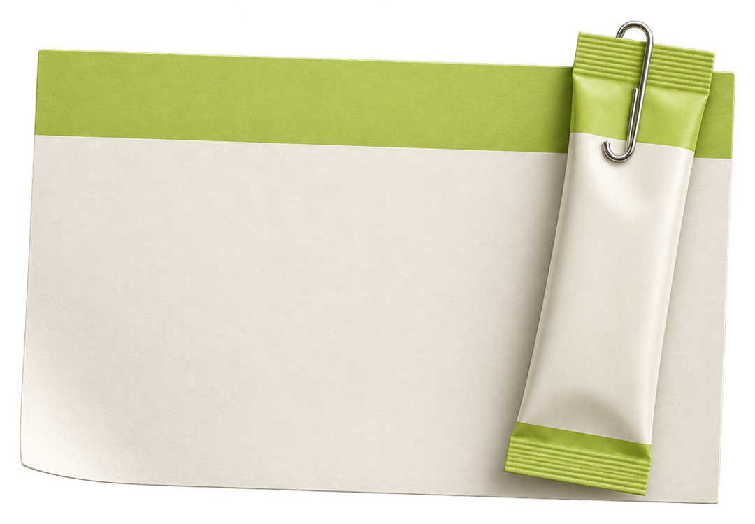 Your product and goal: an ivory card with a stick pack clipped to it, placed on the table