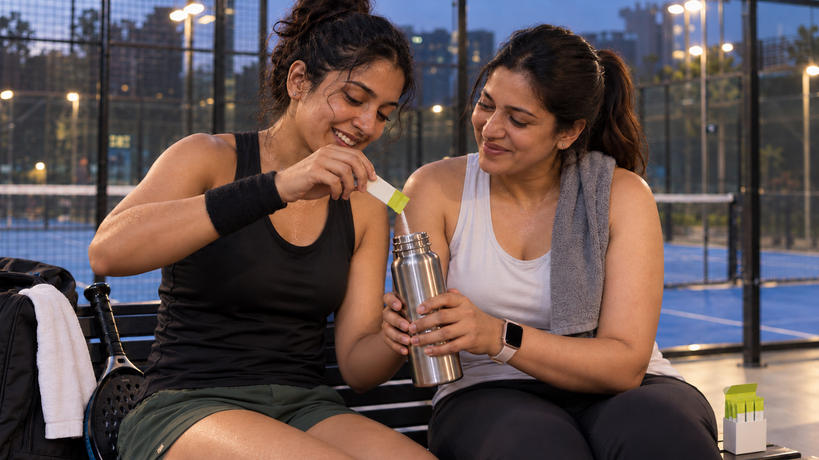 After a padel game, a woman pours a stick pack of electrolyte mix into her friend's bottle, both smiling