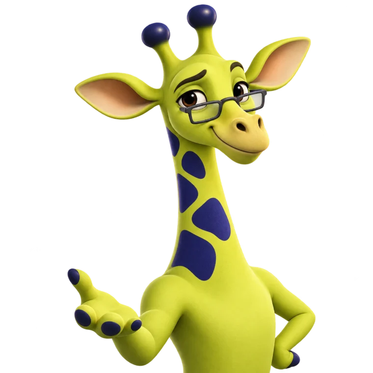 Mr. G, the lime giraffe with glasses, at her table