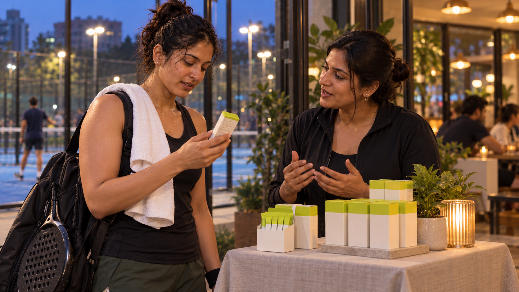Ready to buy: a player picks up a box at a small pop-up table by the court café