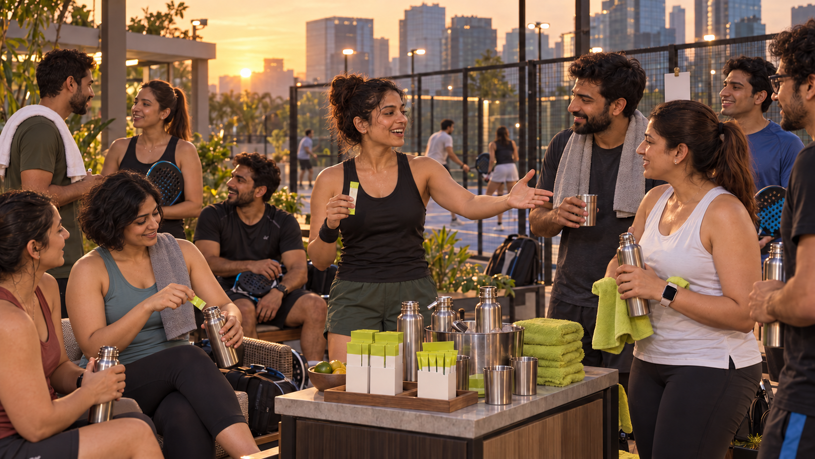 A sunset Trail she hosts on a rooftop court, friends laughing around a drinks station