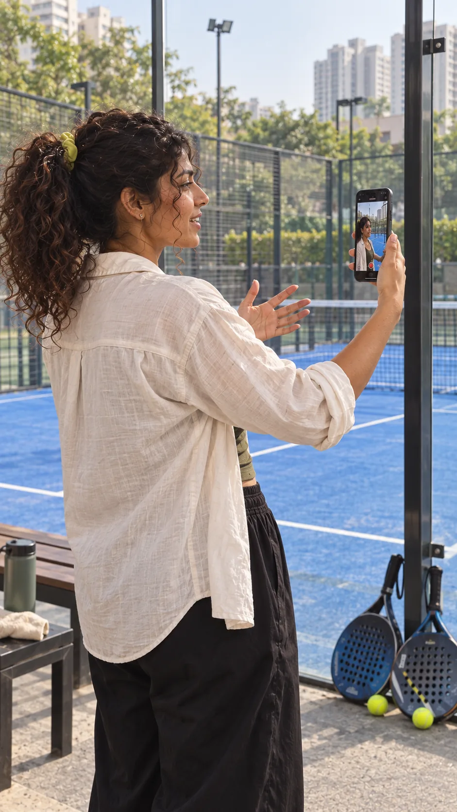 Recording a selfie video invitation at the court