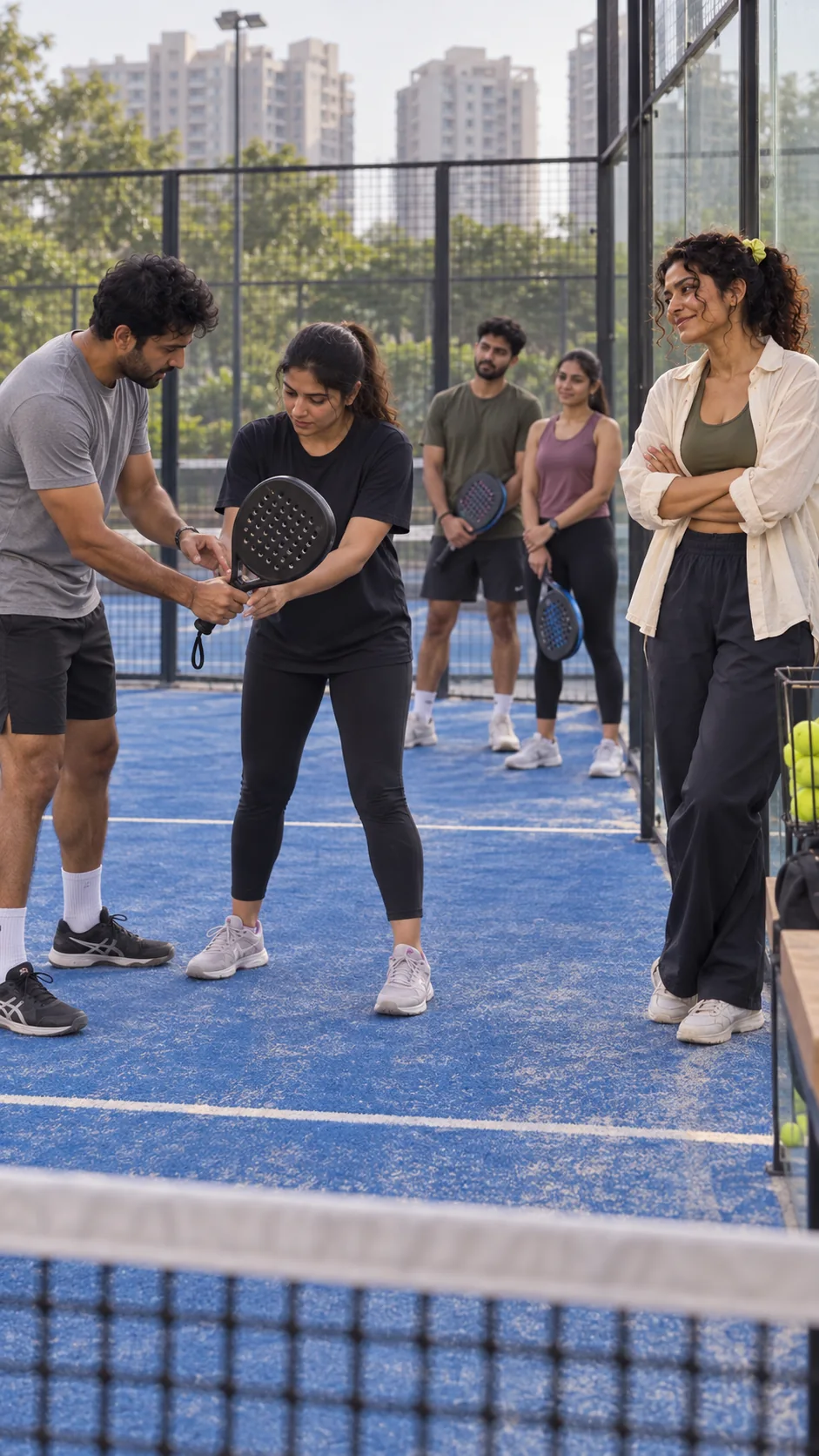 A coach shows a beginner the grip while others wait to play