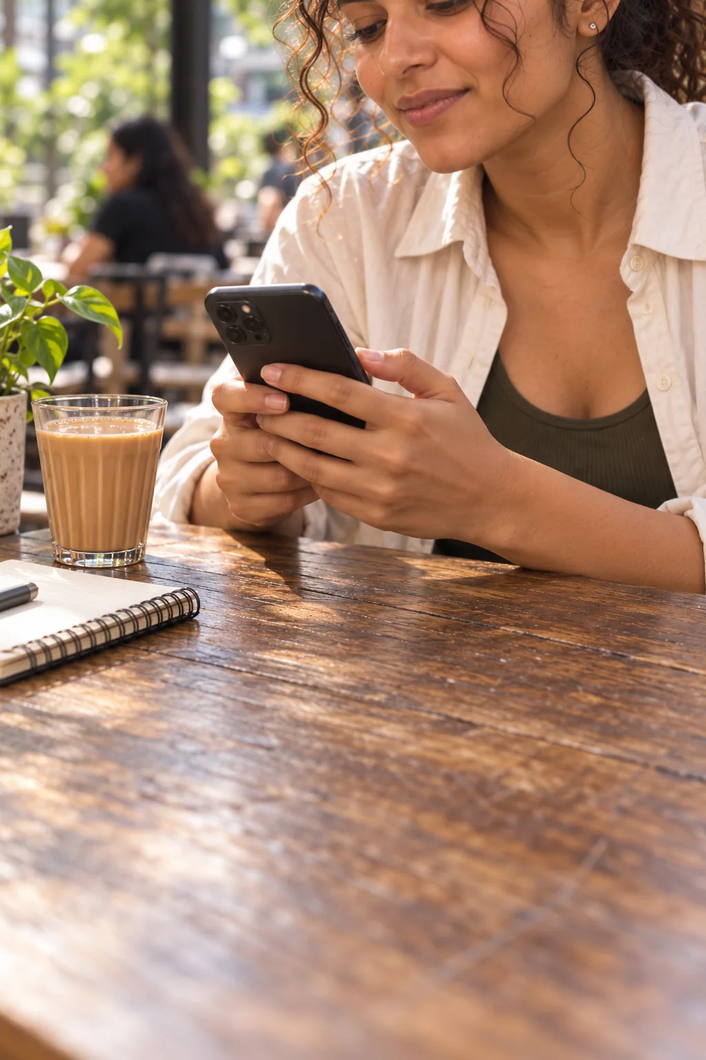 Smiling down at a message on her phone at a café table, a glass of chai beside her