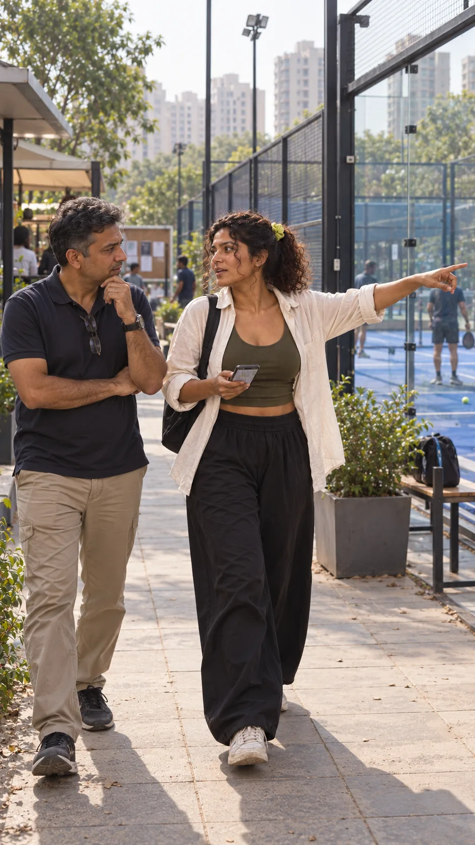 Walking the club with its manager, pointing out a quiet court