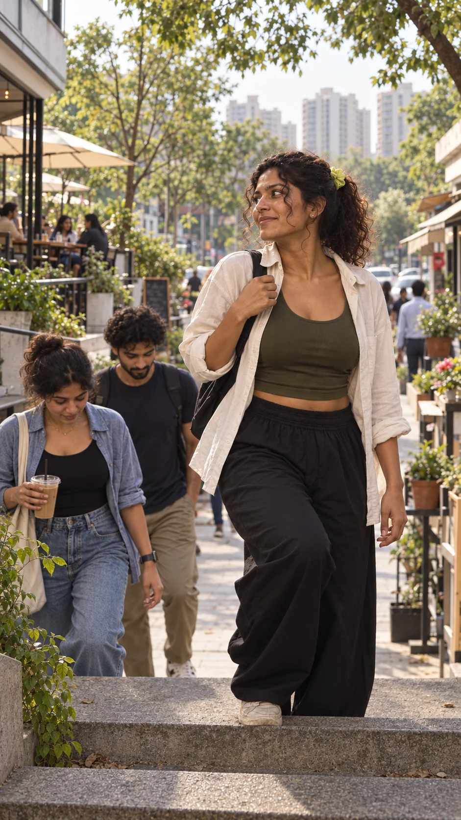 Climbing the steps of a busy café street, a young woman with curly hair glances across at something, two friends a step behind