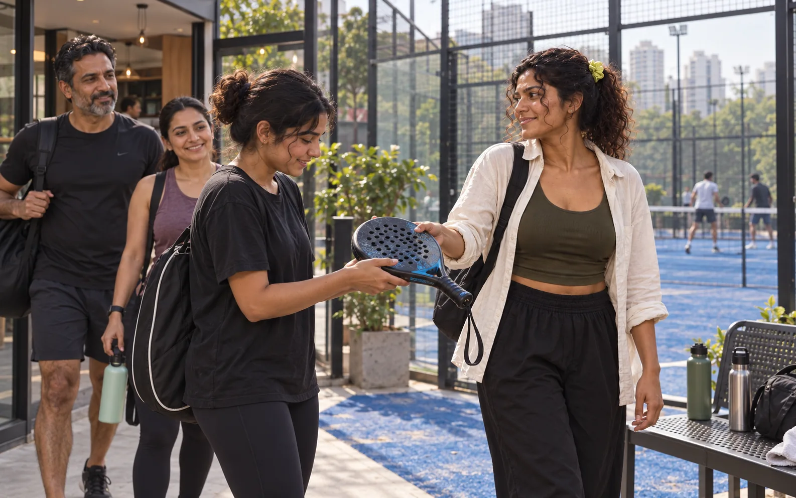 Handing a spare paddle to a newcomer as friends arrive at the courts