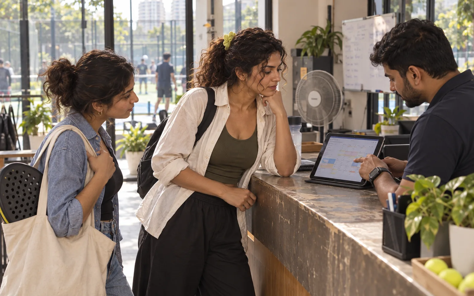 At a club desk, two friends check a court booking on a staff member’s tablet